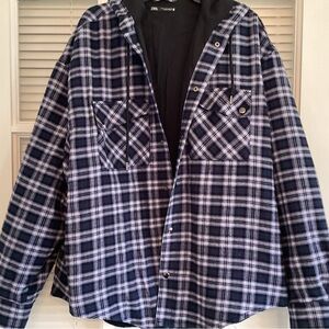 Zara Men's Black & White Plaid Hooded Shirt Jacket